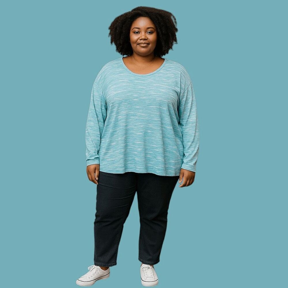 Monograph Womens Tshirt 2X Sky Blue Long Sleeves Cotton‎ Classicore Beachy Tee